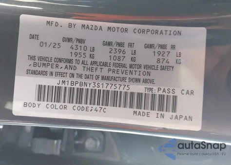 2025 Mazda Mazda3 Hatchback 2.5 Turbo Premium Plus из США, поврежденный, VIN JM1BPBNY3S1775775